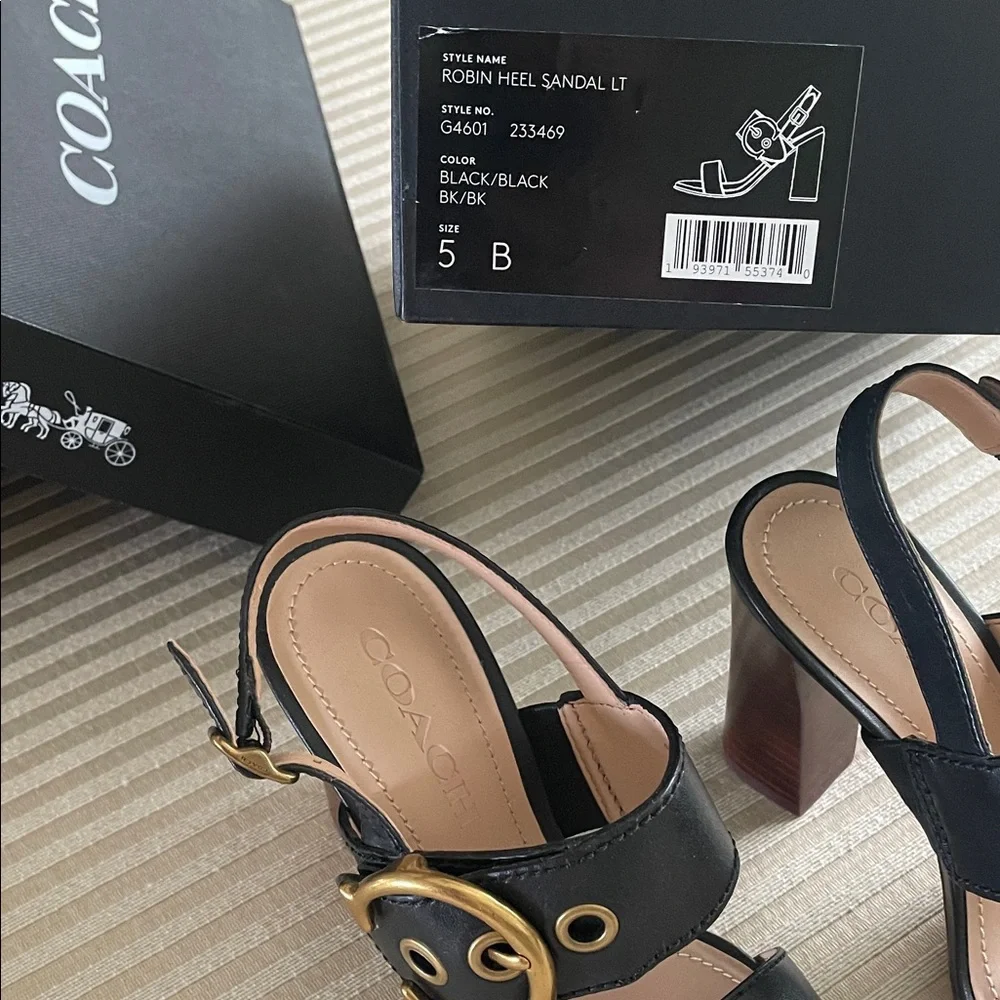 COACH Black Leather Sandal Gold Buckle Robin